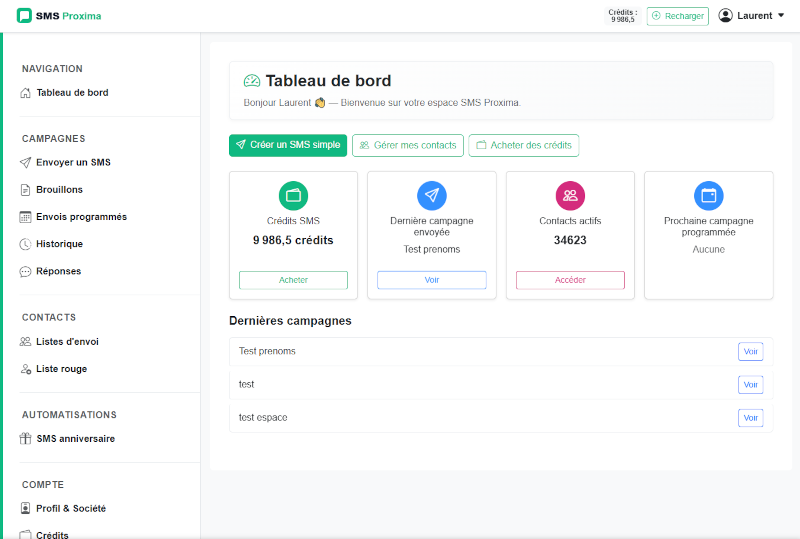 Interface de la plateforme SMS en ligne SMS Proxima