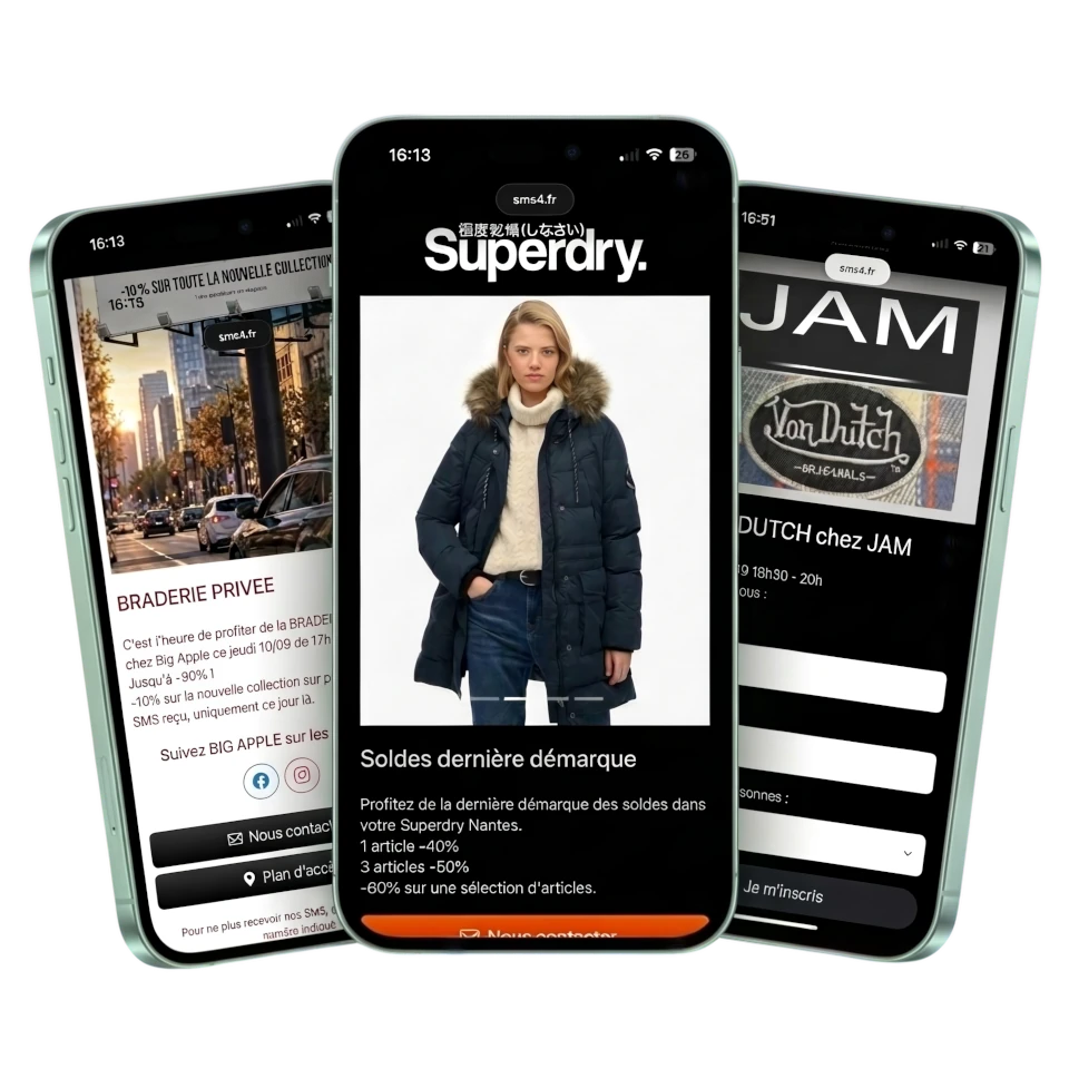 Exemples de SMS enrichis avec landing pages mobiles, promotion et formulaire d'inscription